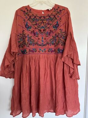 Umgee Coral Orange Floral Embroidered Dress